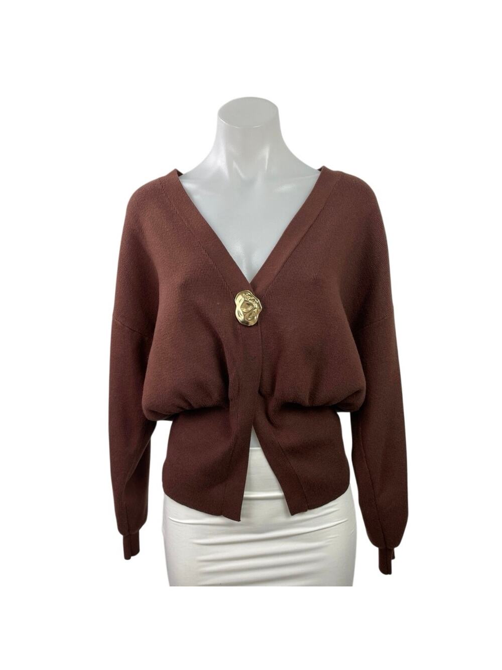 Commense Brown Brooch Knit V Neck Peplum Long Sleeve Cardigan Sweater Top Size M